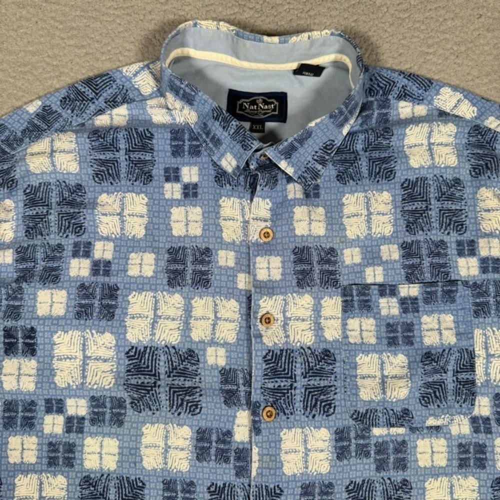 Nat Nast Shirt Mens XXL Blue Geometric Silk Blend Button Up Casual Preppy Pocket